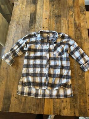 Plaid Button-Up Shirt in Cream and Blue over sized